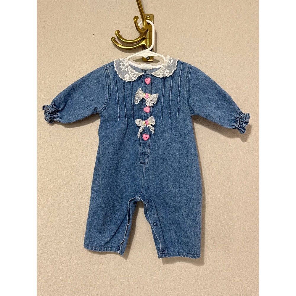 Hopscotch Denim Romper Baby 6-9 Months Blue Lace Collar Heart Buttons Vintage